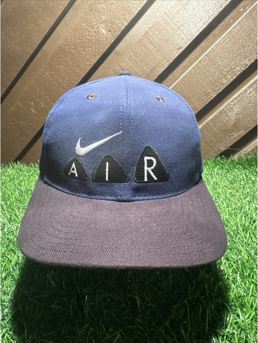 Vintage 90s Nike Air Triangles Spell Out Snapback Hat Two Tone Blue Black